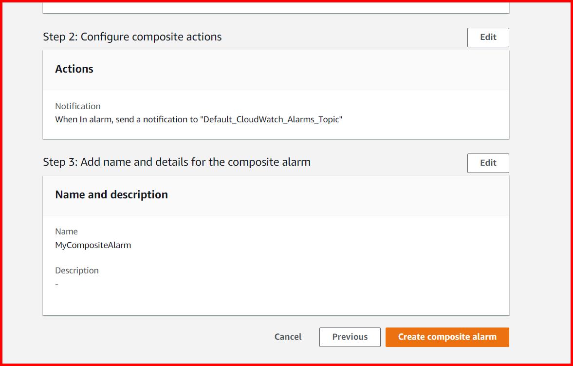 Picture showing the create composite alarm button for creating the composite alarm